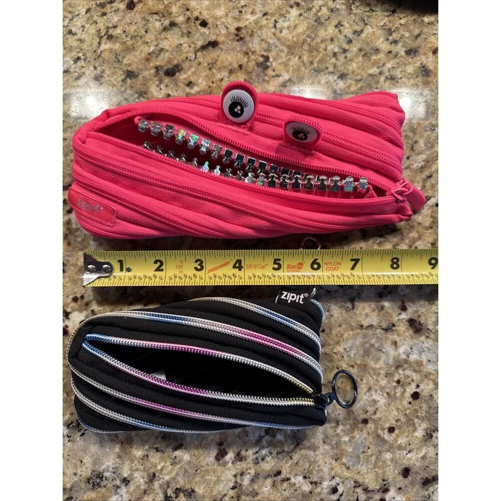 Zipit Pencil Pouch Lot 2 Monster Pink Googly Eyes Black Rainbow Zipper